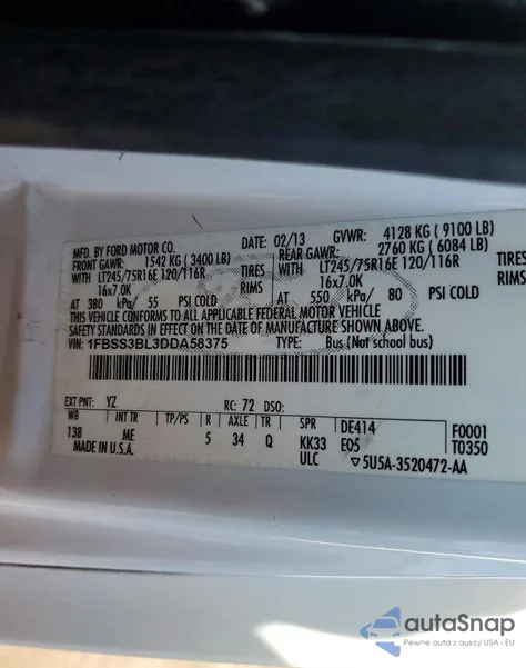 2013 Ford Econoline E350 Super Duty Wagon из США, поврежденный, VIN 1FBSS3BL3DDA58375